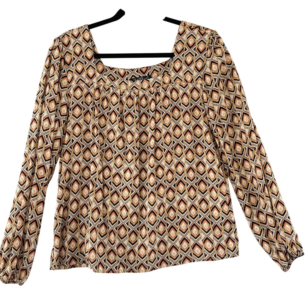 Velvet Heart Womens Blouse M Diamond Print Square Neck Long Sleeve‎ Top